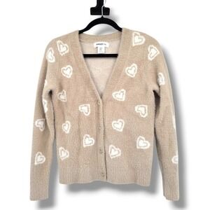 Bailey‎ 44 XS Womens Cardigan Sweater Beige Heart Print Button Down Fuzzy